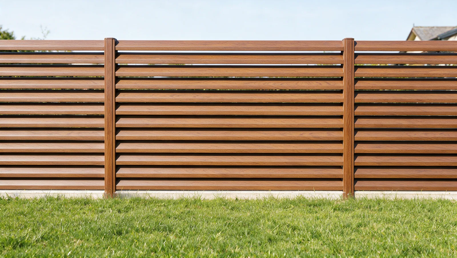 Jalousie louvred steel fence in wood finish